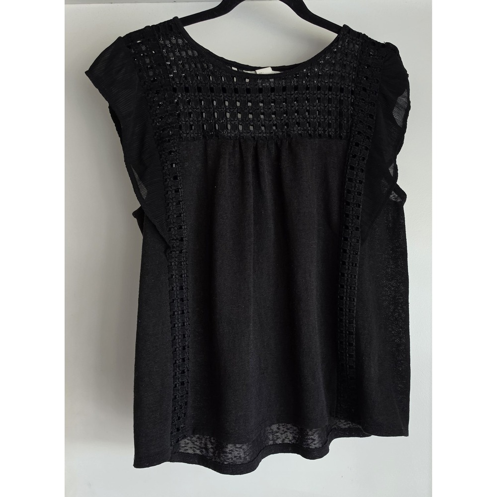 H&M Womens Black Sleeveless Top Size L Round Neck Blouse Crochet